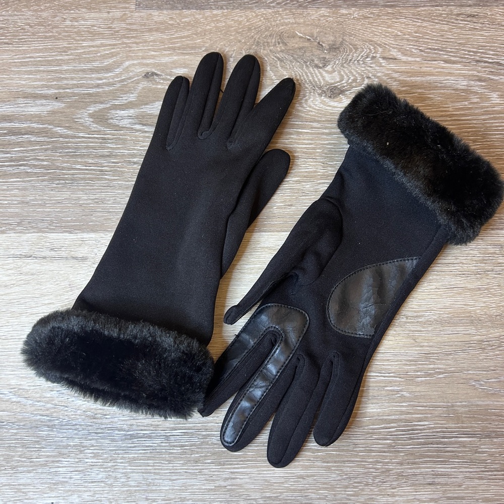 Black Faux Fur Cuff Winter Gloves | Touchscreen Grip Palm | One Size